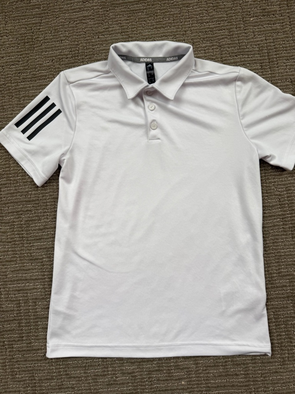 Boys adidas White Polo Shirt with Black Sleeve Stripes